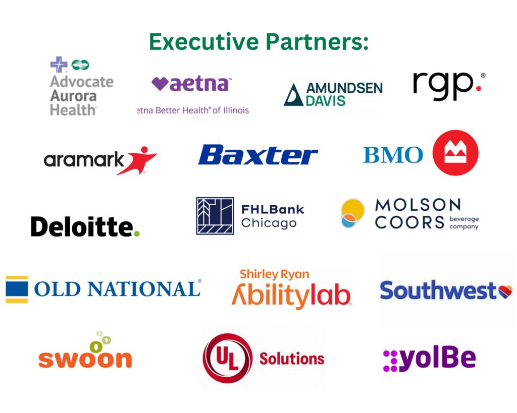 Executive Partner logos include: Advocate Aurora Health, Aetna Better Health Illinois, Amundsen Davis, Aramark, Baxter, BMO, Deloitte, Federal Home Loan Bank of Chicago, Molson Coors, Old National Bank, RGP, Shirley Ryan AbilityLab, Southwest Airlines, Swoon, UL Solutions, Yolbe.