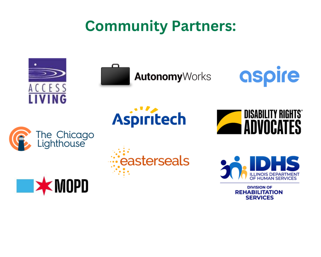 Community Partner logos include: Access Living, Aspire, Aspiritech, Autonomy Works, The Chicago Lighthouse, City of Chicago Mayor's Office for People with Disabilities, Disability Rights Advocates, Easterseals, Illinois Department of Human Services.